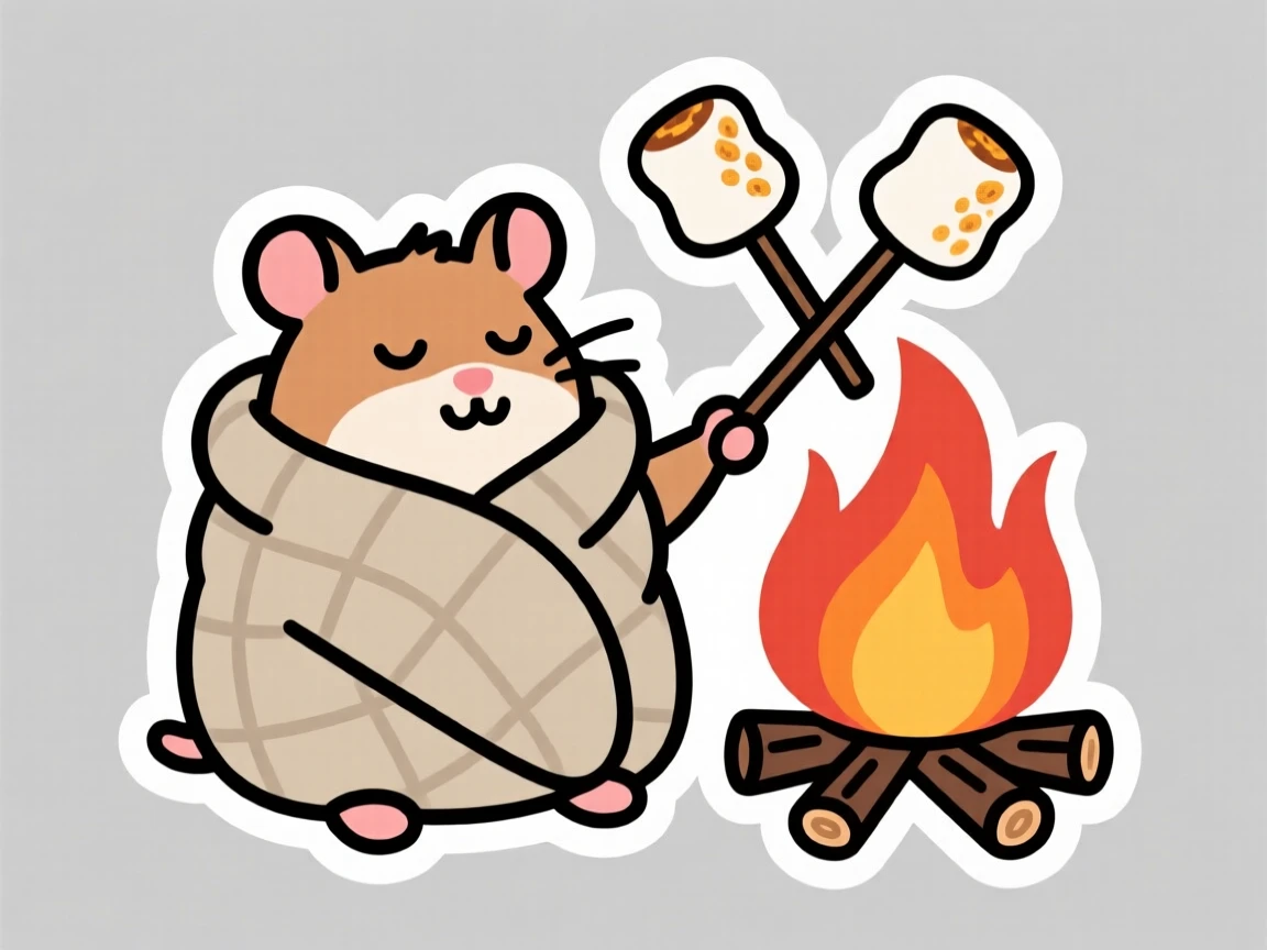 A proud tiny hamster wrapped in a cozy blanket burrito, beside a small campfire with marshmallows roasting.