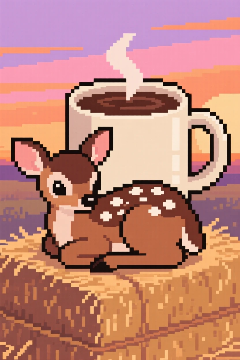 A spotted fawn curled around a warm mug of cocoa, on top of a haystack at sunset.