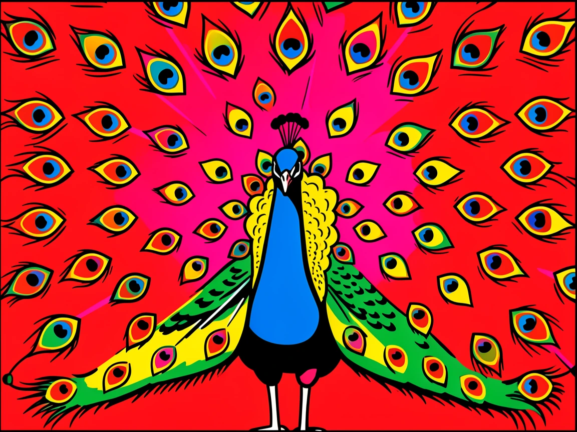 Peacock displaying its full feathered tail