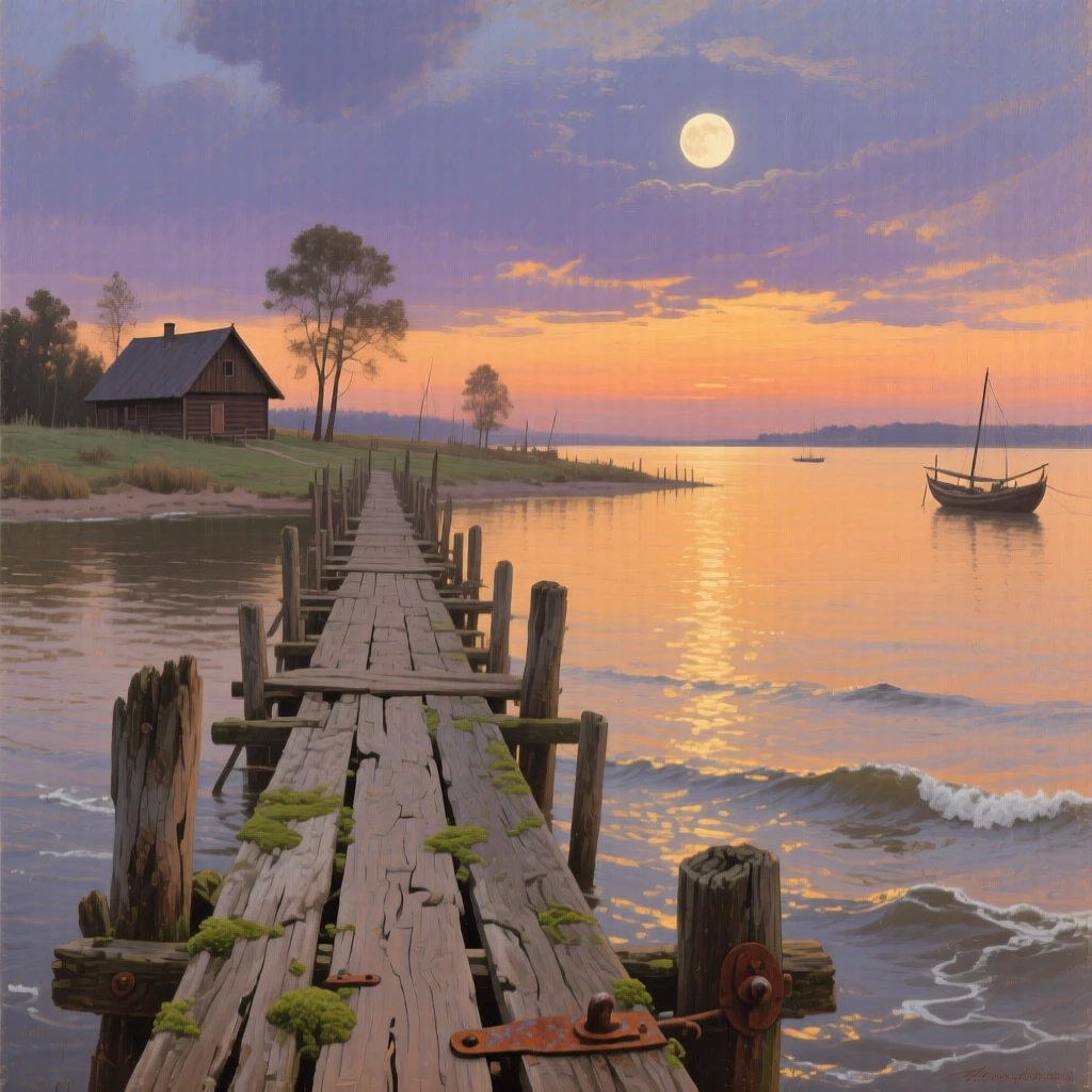 A balanced composition of a weathered pier stretching out into a calm harbor at sunset, in rural Poland, in the interwar years, under a full moon.