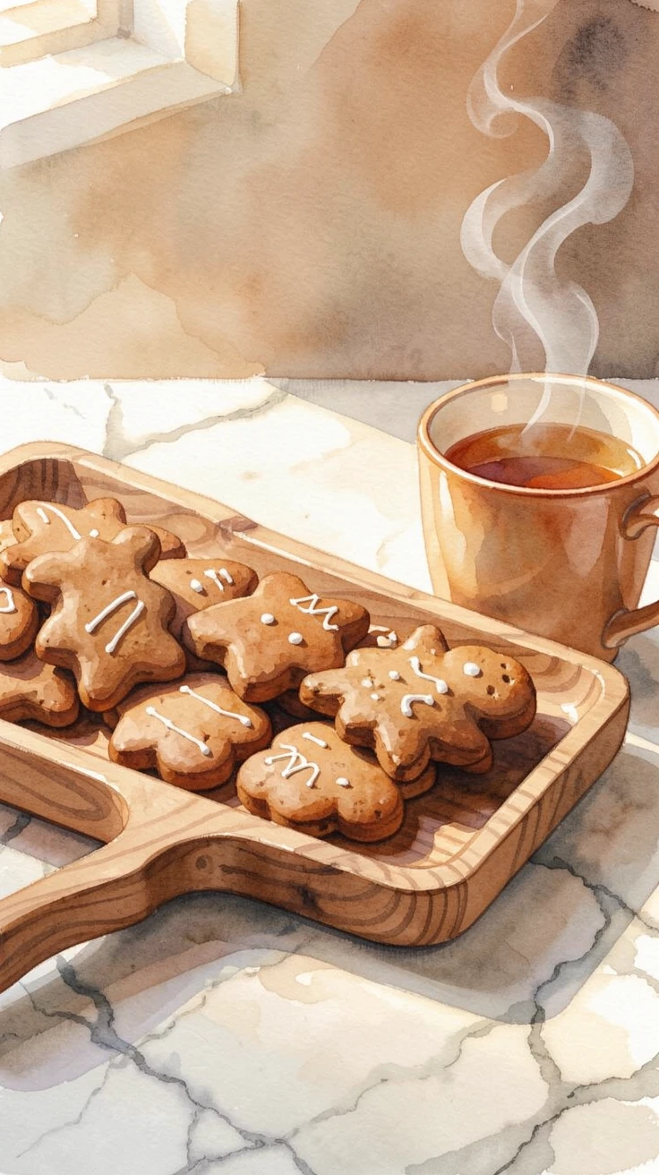 A tray of gingerbread cookies on a marble countertop with a warm mug of tea alongside.