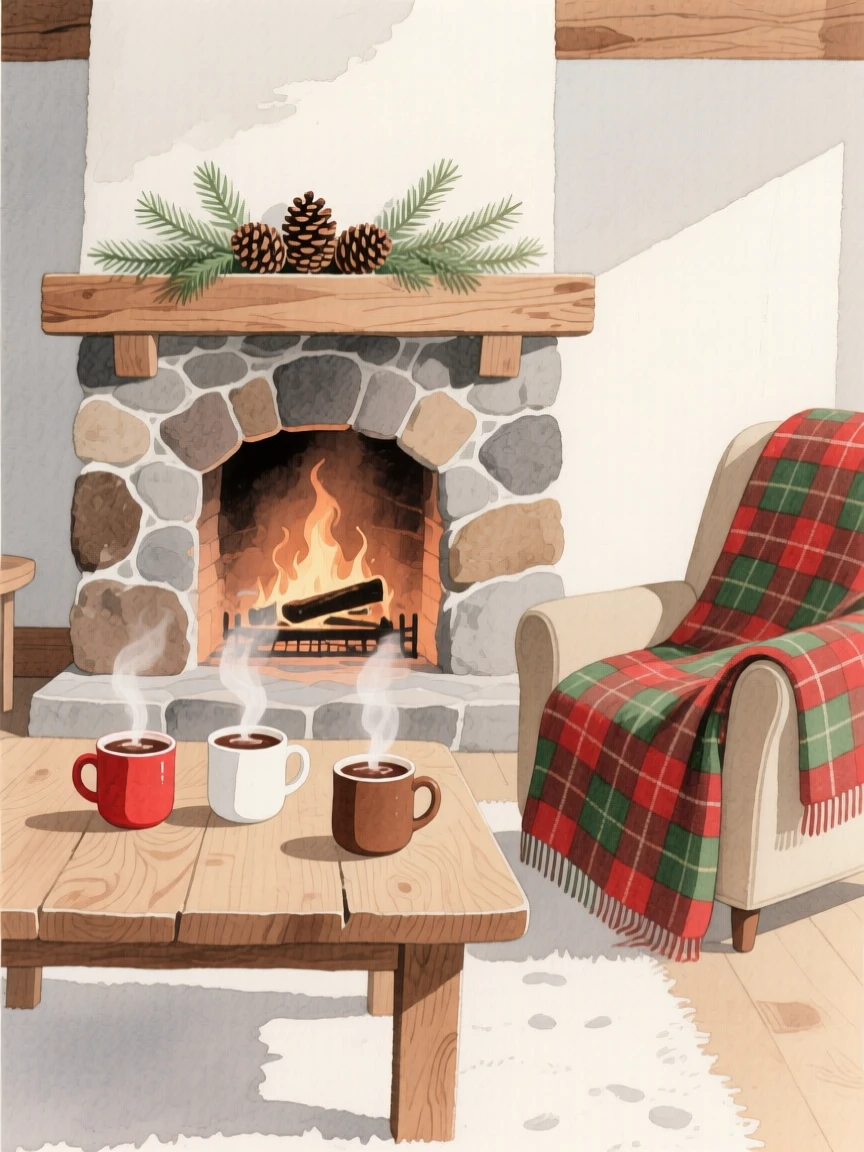 A cozy ski lodge living room with a stone fireplace, plaid blankets, and mugs of hot chocolate on a wooden table