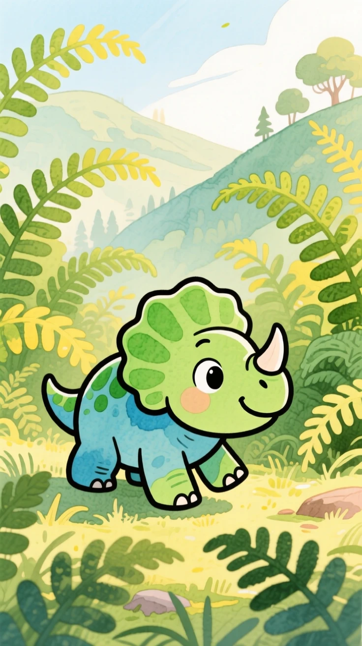 An exciting view of a baby triceratops exploring a fern-filled valley.