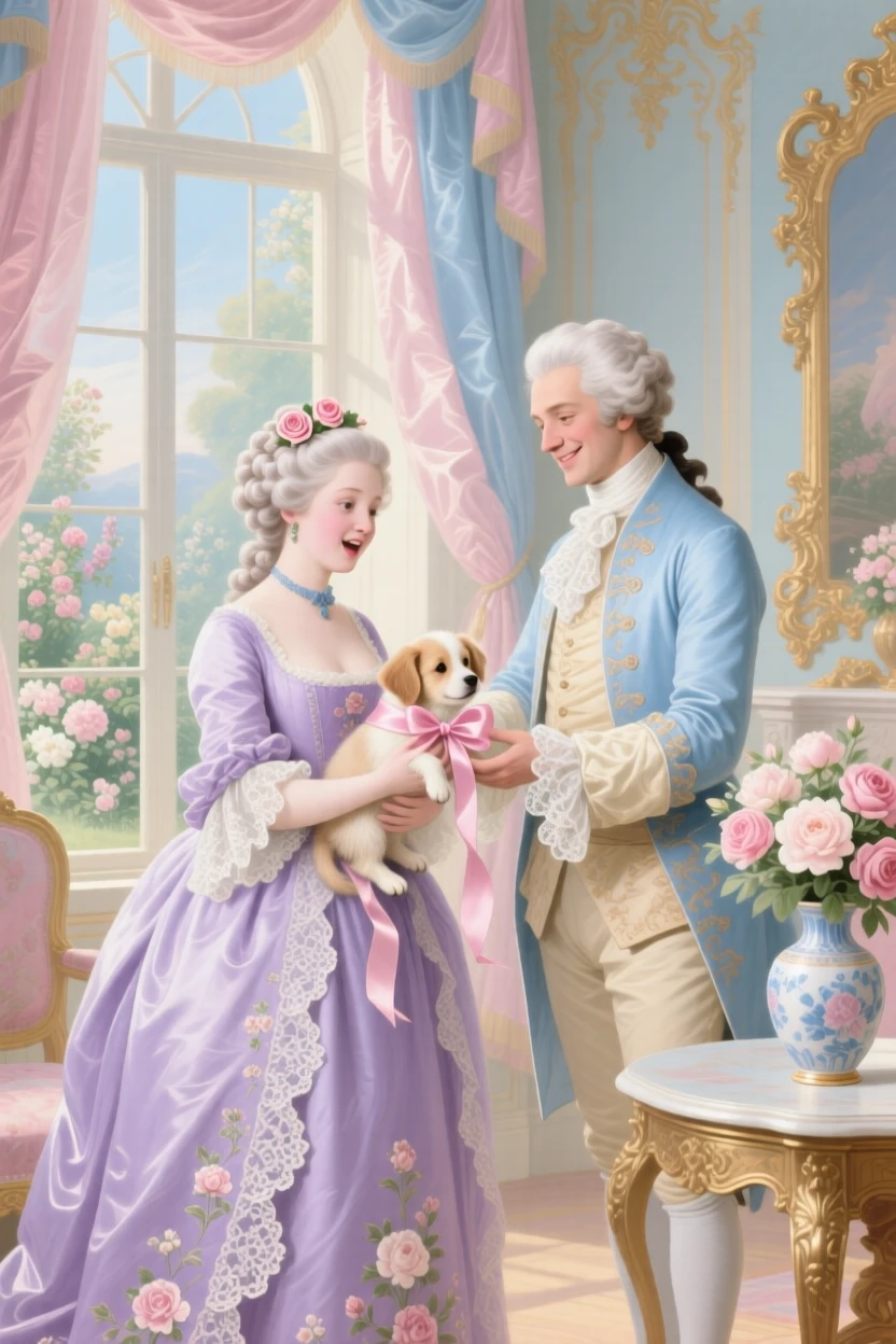 A princess receiving a tiny puppy wrapped in a ribbon from her brother  