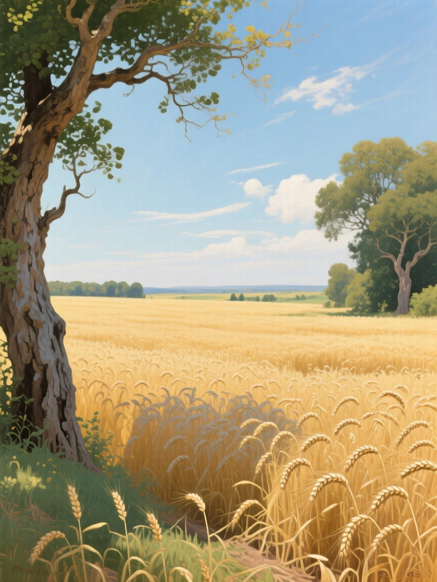 A golden wheat field rippling under a wide open summer sky, framed by ancient weathered trees on either side, radiating tranquility and the timeless beauty of the natural world