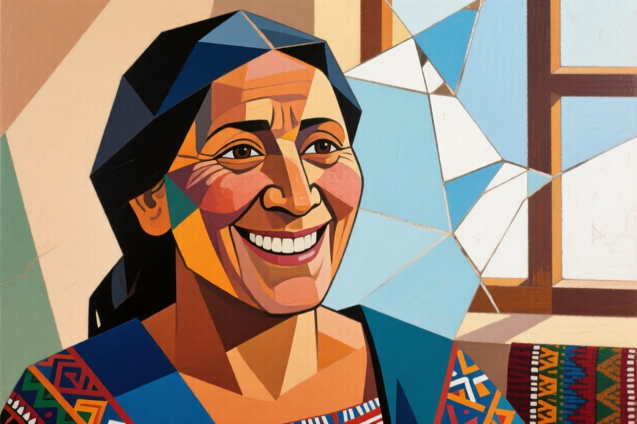 A close-up portrait of a middle-aged woman of Andean heritage, beaming with triumph, in soft window light.