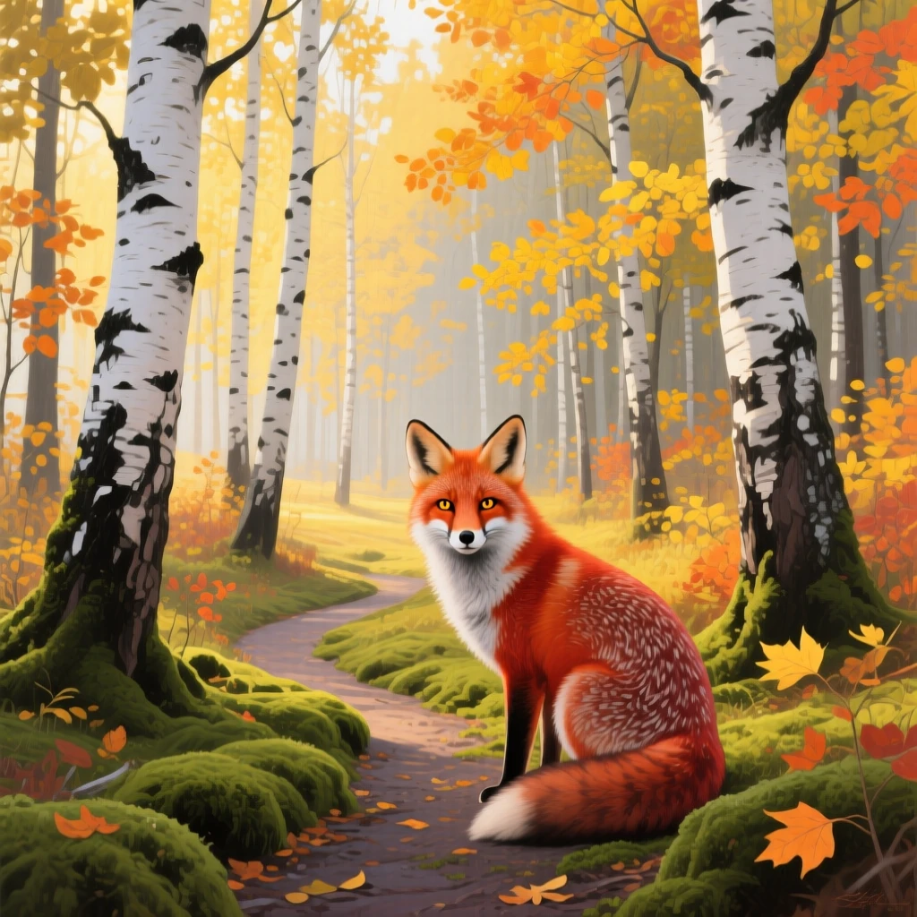 An autumn birch forest in Finland glows gold and white, a narrow moss-covered path winding between the slender trees, a red fox pausing to look back over its shoulder at the viewer.
