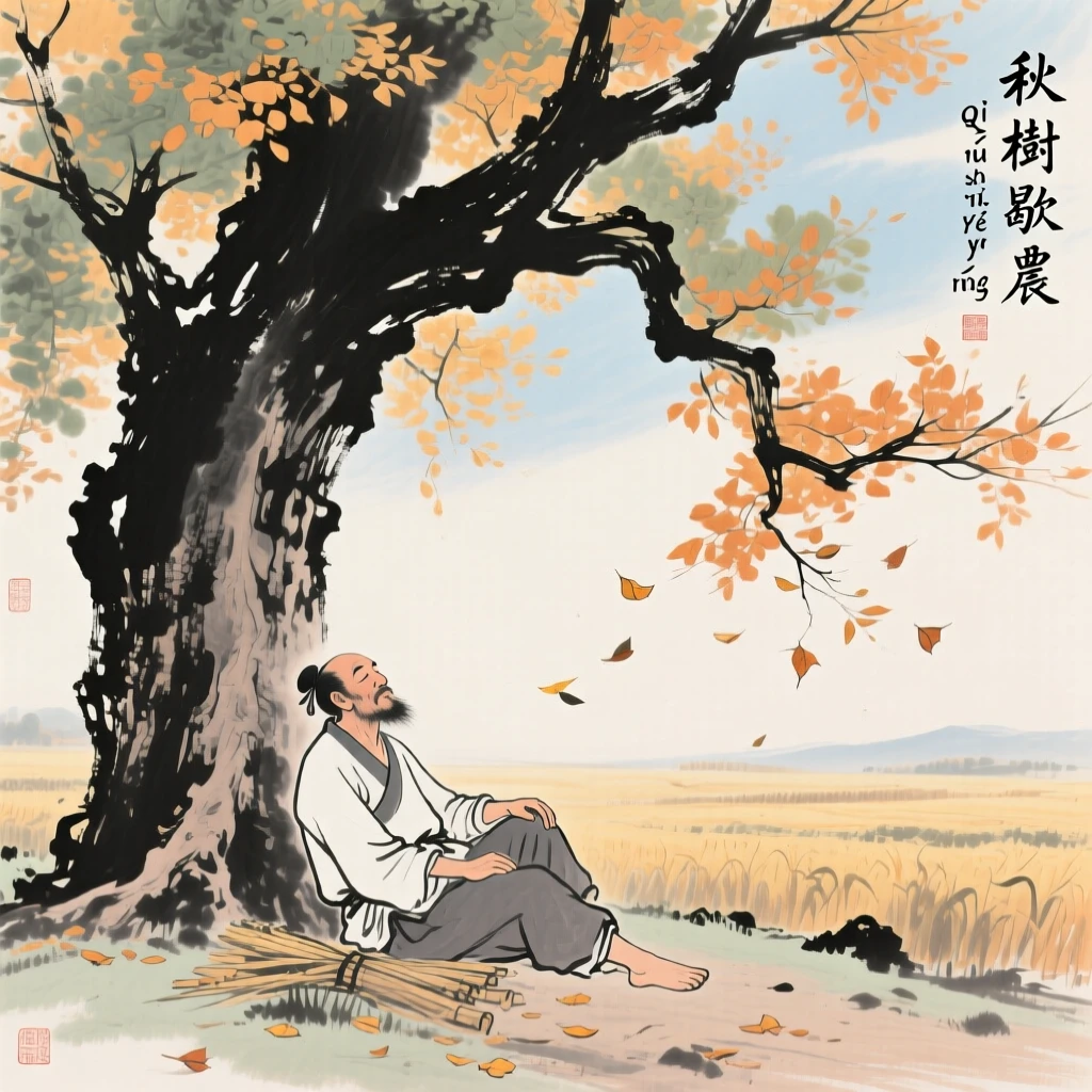 A farmer resting under a shade tree after a morning in the fields, as autumn leaves turn golden.