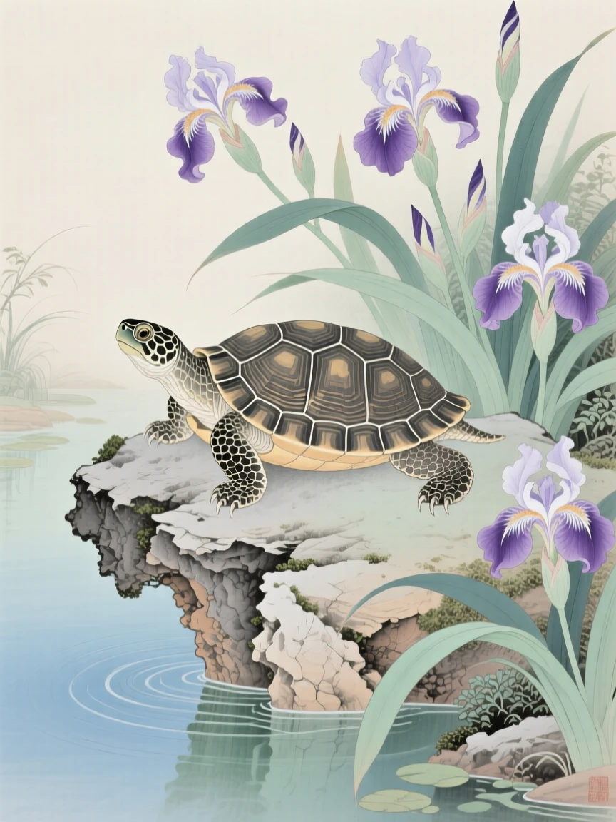 A turtle resting on a sun-warmed rock in a garden pond surrounded by iris flowers