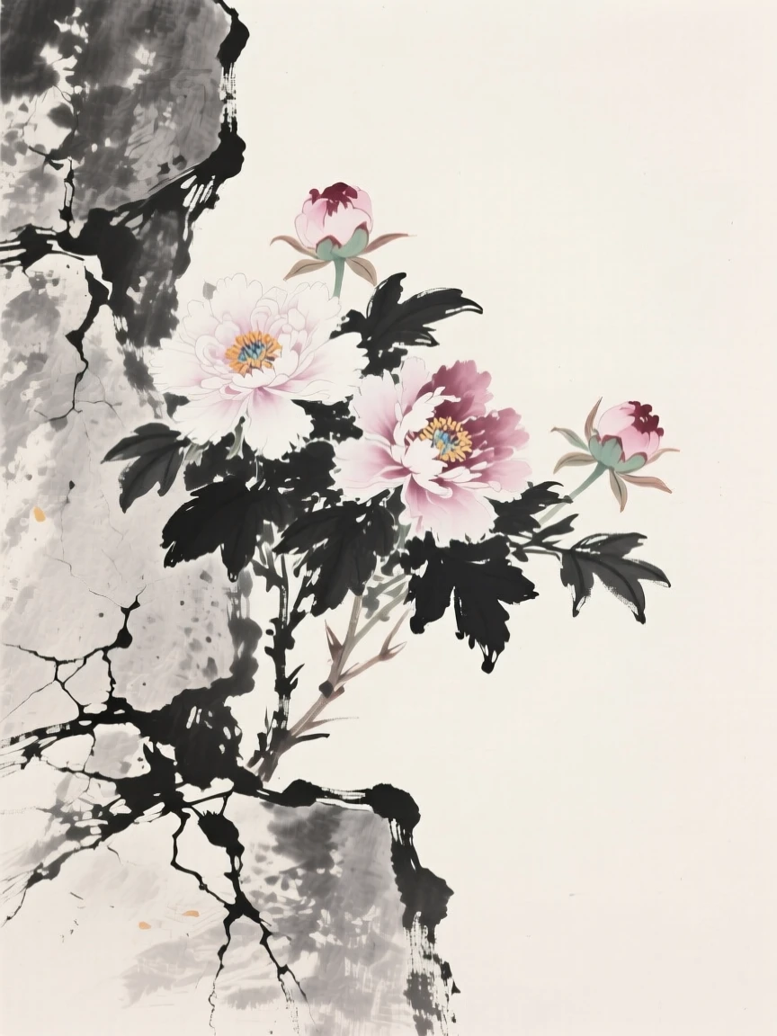 A cluster of peonies in full bloom growing from a crack in an old stone wall, composed with generous open space around it, suggesting patience, resilience, and quiet strength.
