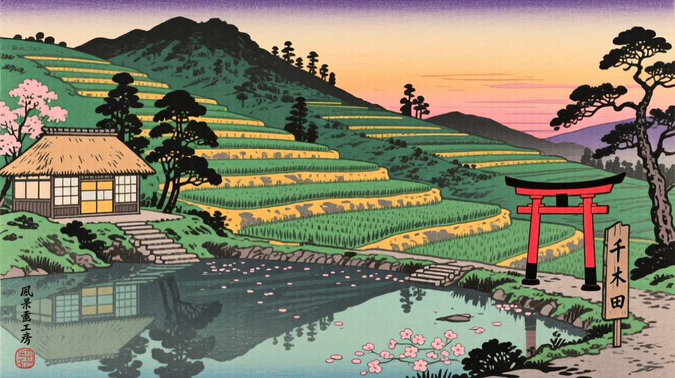 A terraced hillside, reflected in a calm mountain pond, at dusk.
