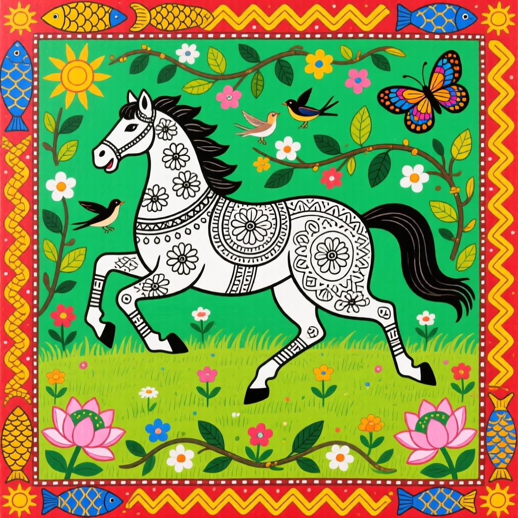 A white horse galloping freely across an open grassy plain.