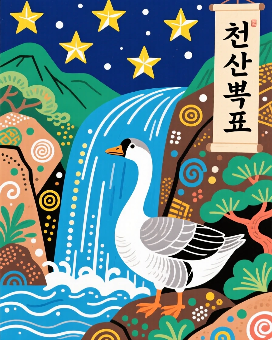 A wild goose perched near a mountain waterfall, beneath a sky full of stars.