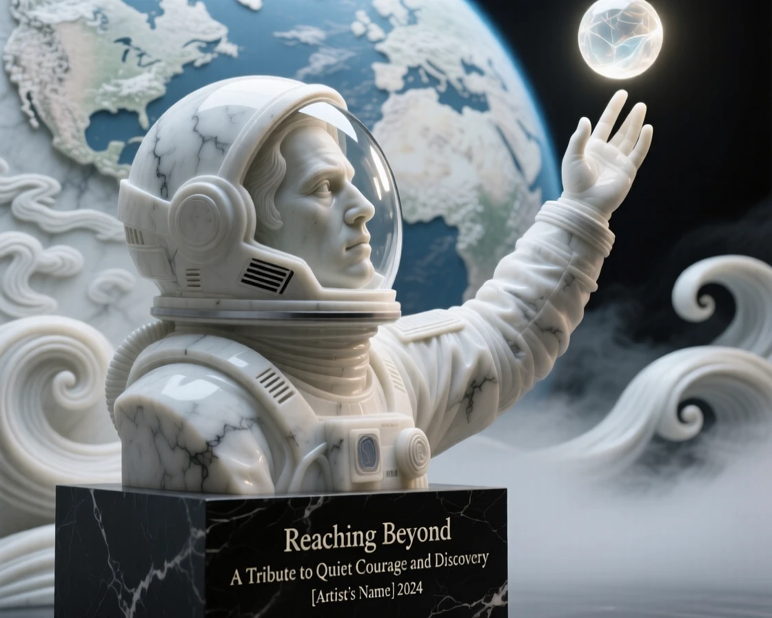 A close-up portrait of an astronaut looking back at Earth, reaching upward toward the light, amid swirling fog at dawn, radiating quiet emotion and dignity