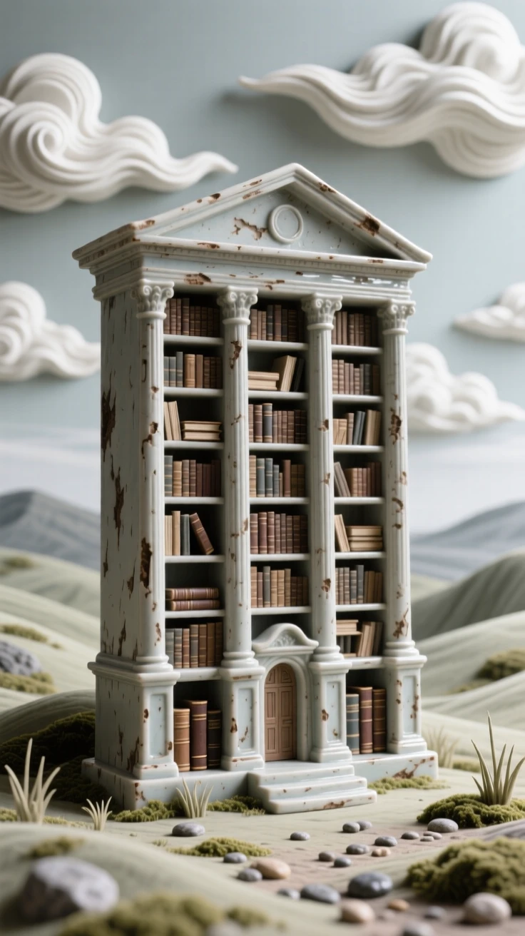 A grand old library with soaring shelves rising quietly above a still landscape, framed by drifting clouds overhead, stirring a sense of history and enduring beauty.