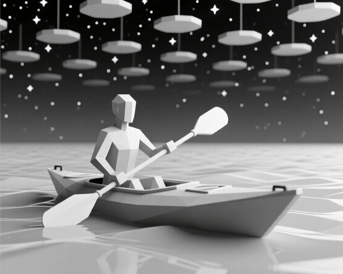 A kayaker paddling through calm turquoise water, beneath a canopy of stars. a shallow depth of field keeps the action sharply in focus. The mood feels adventurous and free.