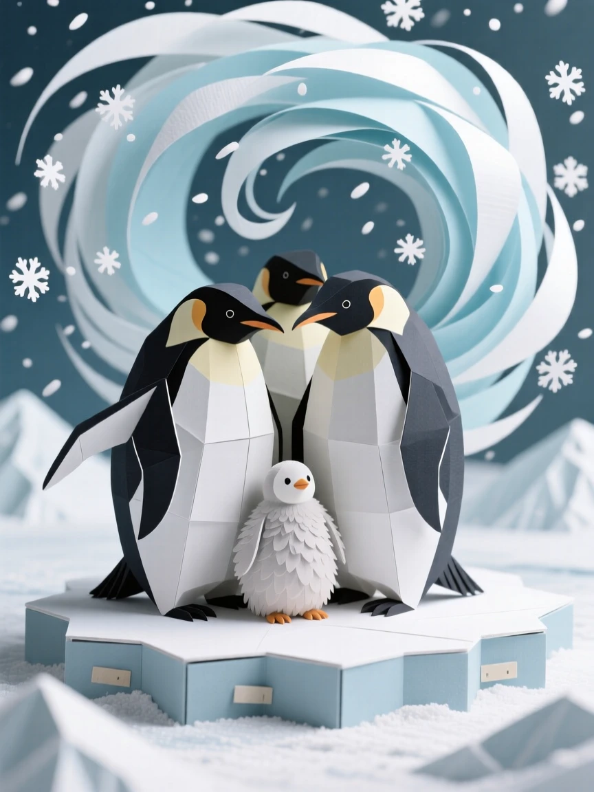 A group of emperor penguins huddled together against a swirling Antarctic snowstorm, one chick peeking out from beneath its parent, conveying resilience and family warmth in a harsh landscape.