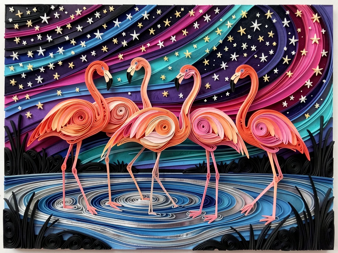A striking wildlife scene of a flamboyance of flamingos standing in shallow water beneath a vast star-filled night sky, beneath a sky streaked with vivid color, framed in a dramatic silhouette against the sky.