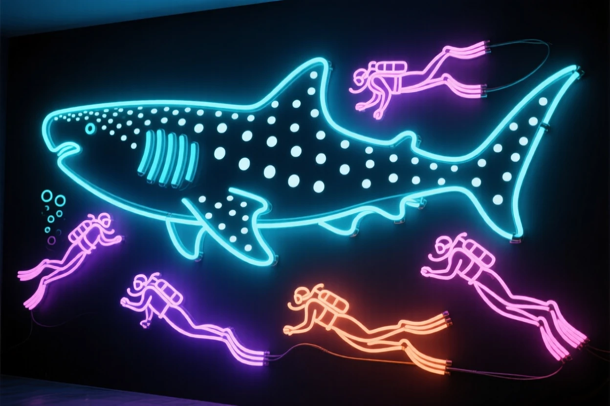 A group of divers swimming beside a whale shark.