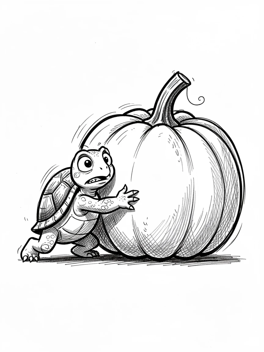 A tiny turtle trying to hug a pumpkin twice its size.