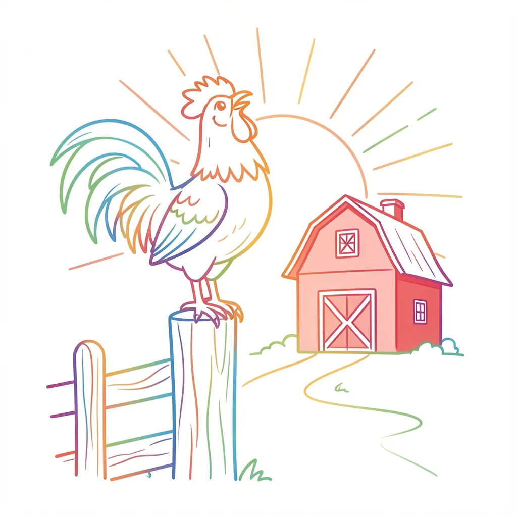 A rooster crowing atop a wooden fence post as the sun rises behind a red barn.