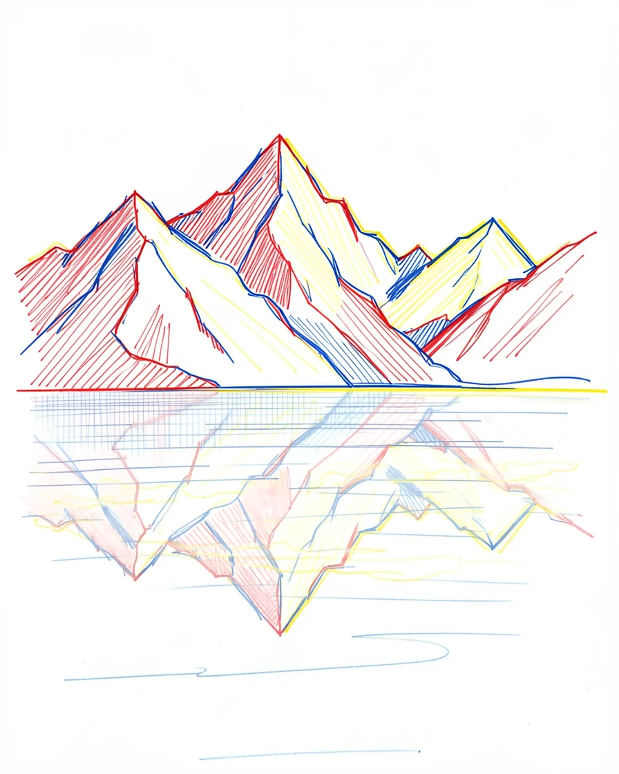 A dramatic mountain range reflected in a still lake at dawn, mist rising off the water