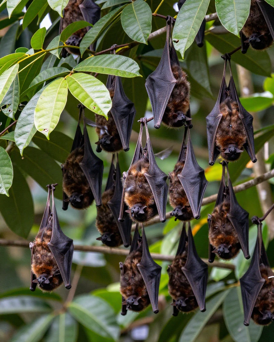 A colony of fruit bats hangs upside down beneath a canopy of jungle leaves.