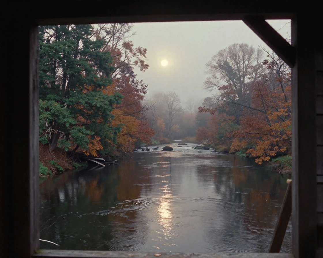 Reflections of autumn trees rippling across a slow river, under moonlight, in thick rolling fog, in the depths of winter, with deep emerald greens and browns, framed through an open doorway.