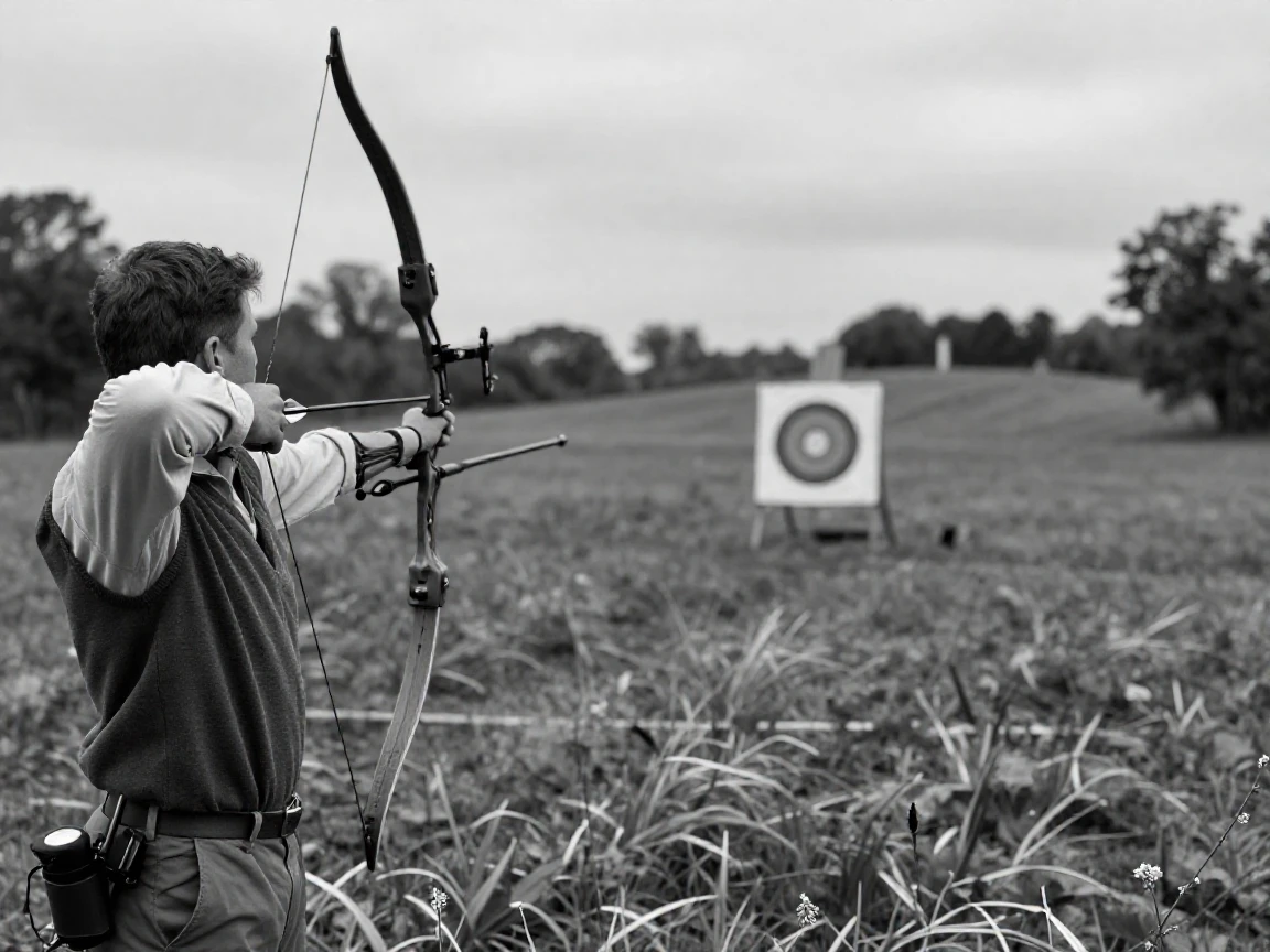 A archer releases an arrow toward a distant target on a quiet countryside range.