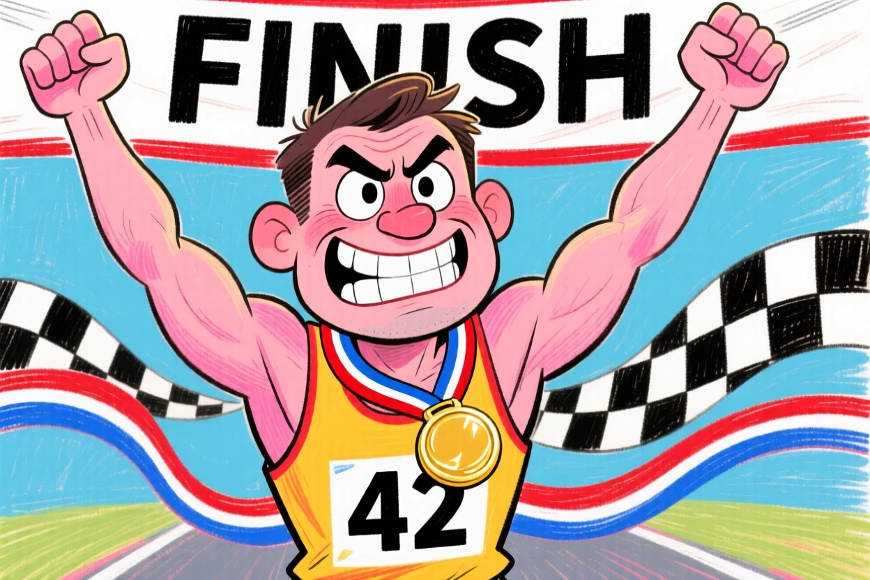 A determined marathon runner crossing the finish line, arms raised, medal already around his neck.