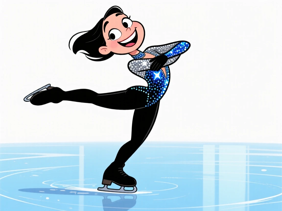 A memorable character portrait of a graceful figure skater mid-spin on ice, arms wrapped elegantly, sequins catching the light.