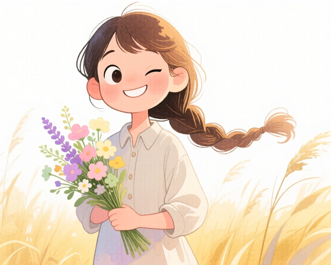 A young woman with a single thick braid over one shoulder, winking playfully, wearing a linen button-down shirt and cradling a bouquet of wildflowers, in a field of tall golden grass