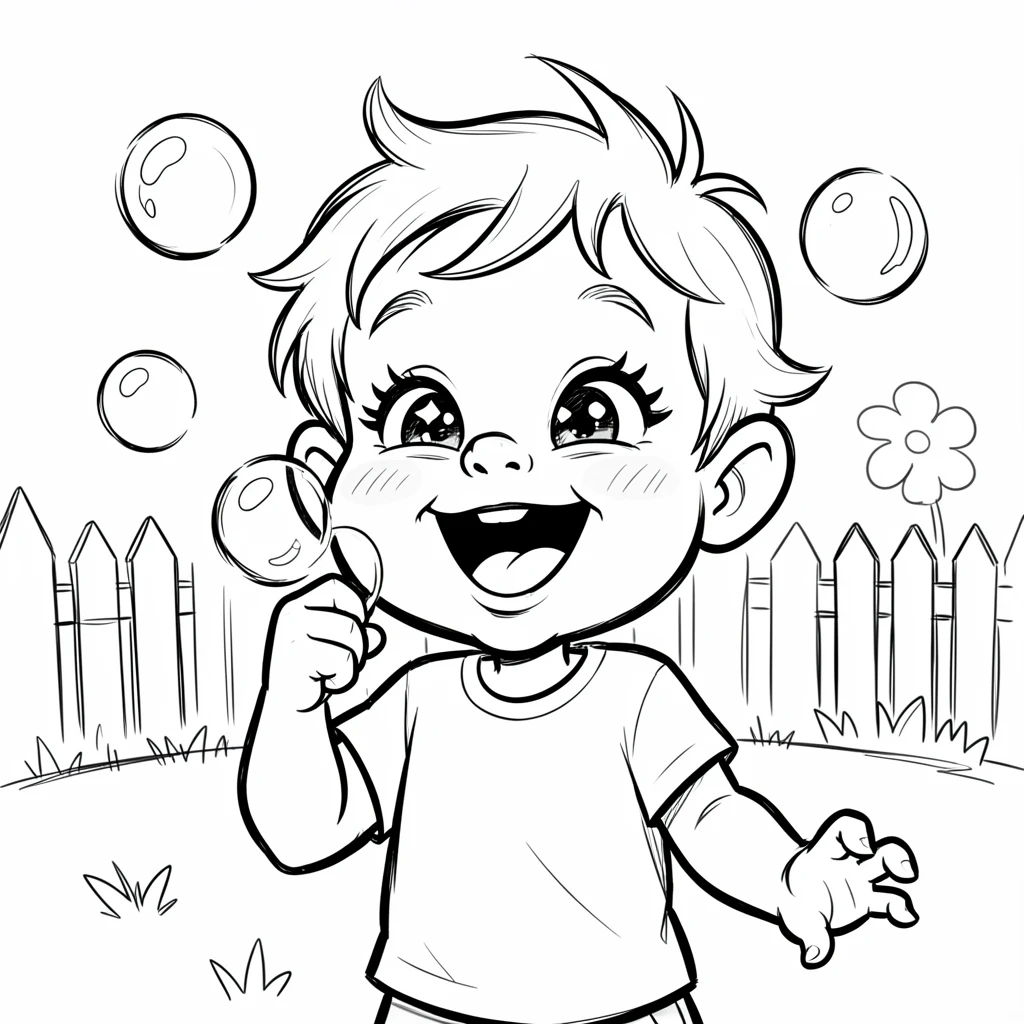 [People Portraits & Characters] Portrait of a giggling toddler blowing bubbles in a sunny backyard, full of personality and charm