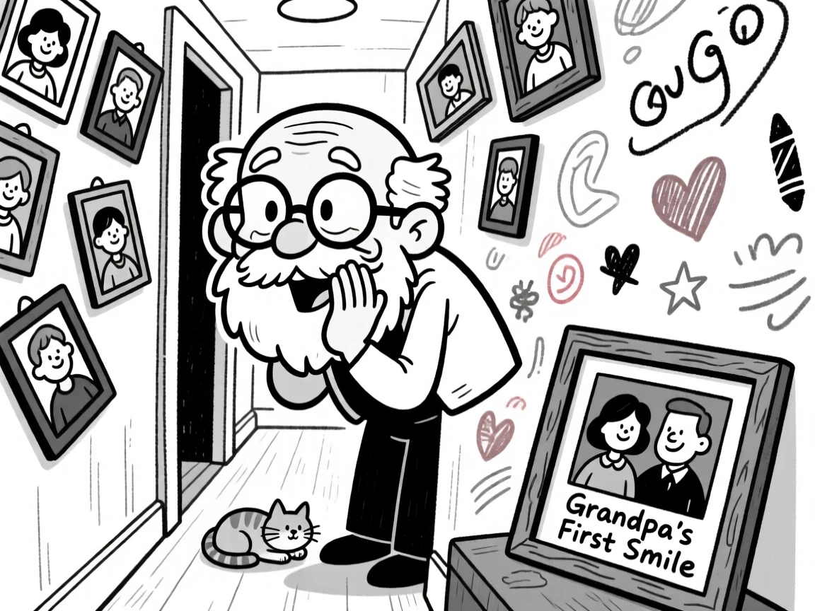 A grandfather with a bushy mustache and reading glasses, whispering a secret behind cupped hands, set in a hallway lined with crooked family photos. Crayon scribbles decorate the nearby wall. There's a tender, nostalgic sweetness to the whole scene.