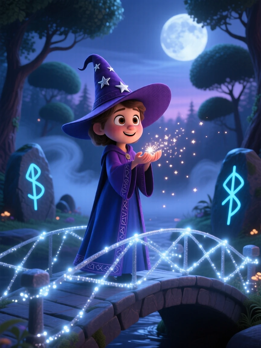 A witch with a pointed hat stands on a bridge made of glowing moonlight, catching falling stardust in cupped hands. The atmosphere feels mystical yet warmly inviting, with glowing runes pulsing gently in the background.