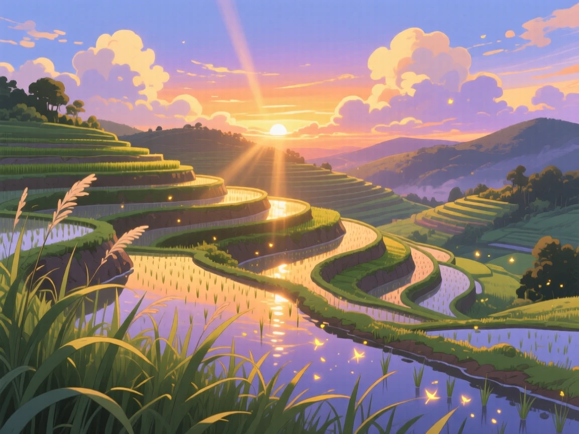 A breathtaking view of a terraced rice paddy glowing at dusk, with sunlight breaking through scattered clouds in golden shafts, at dusk, seen through a gentle foreground of grass.