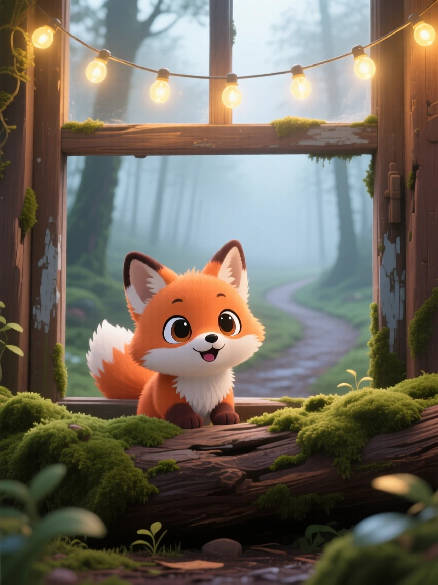 Framed through a window: a tiny fox kit, peeking out curiously from behind a mossy log, set against a quiet woodland path on a misty foggy morning, with glowing string lights and a mood of curious excitement.