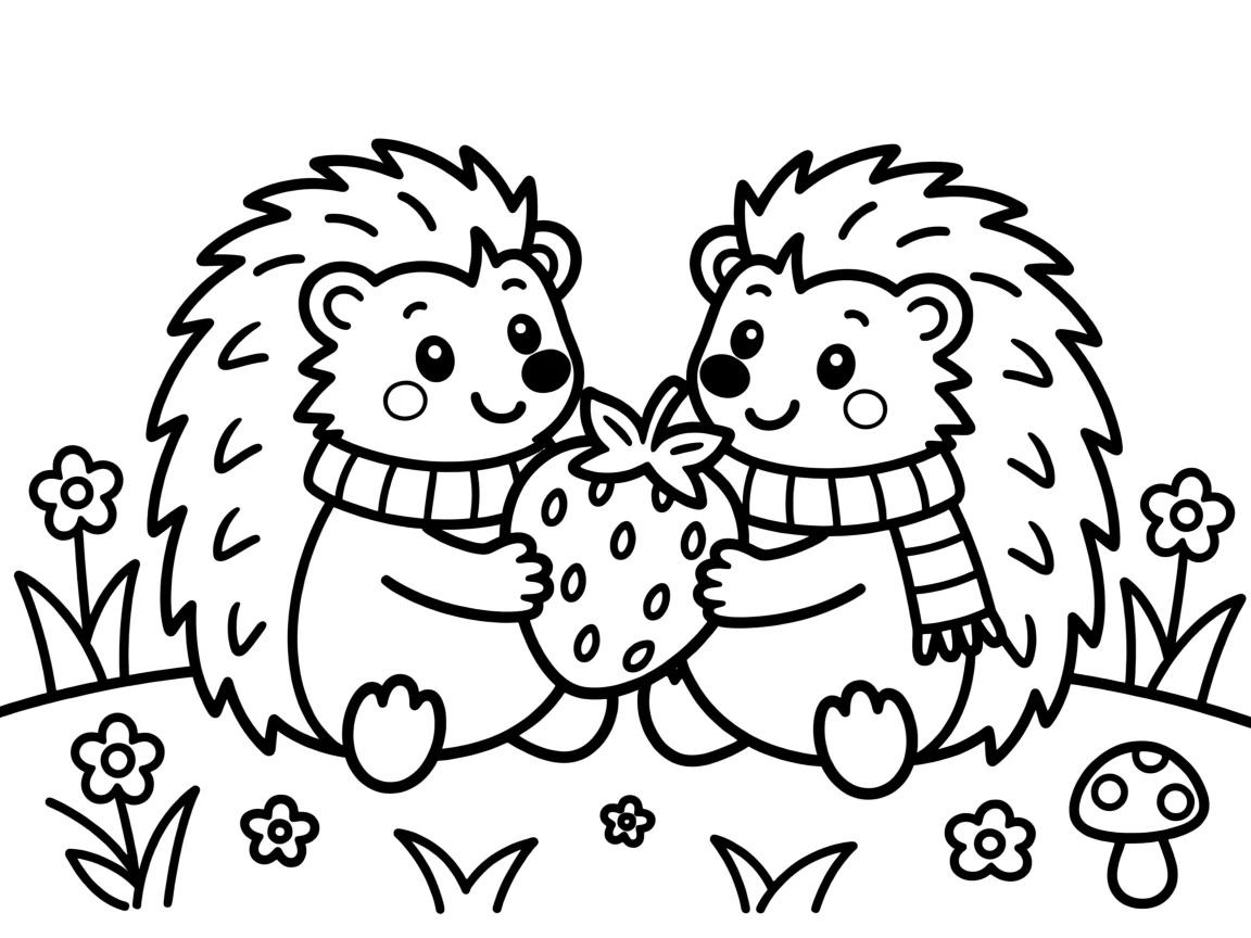 A pair of hedgehogs sharing a strawberry snack