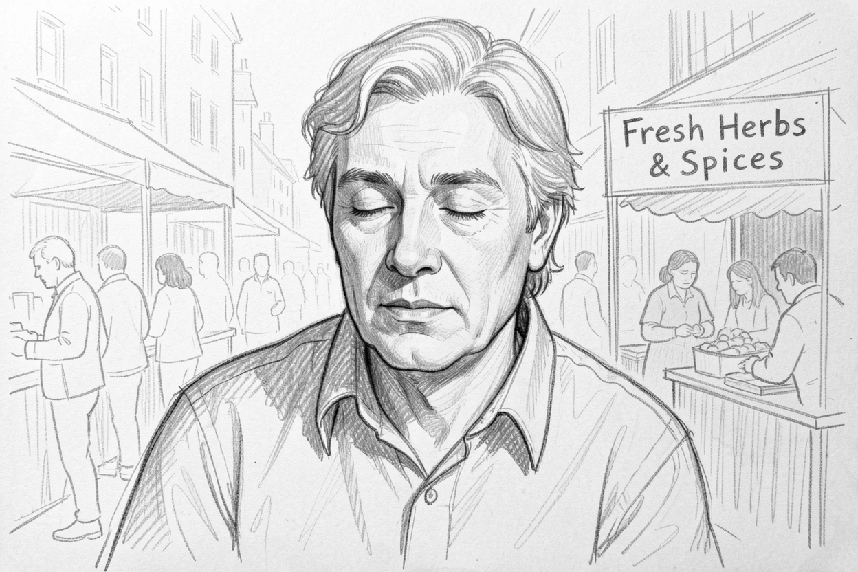 A tender portrait of a thoughtful poet, eyes closed in quiet contemplation, in a bustling market square.