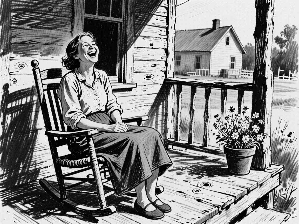 A young mother laughing with pure joy, eyes crinkled with happiness, on a rustic farmhouse porch.