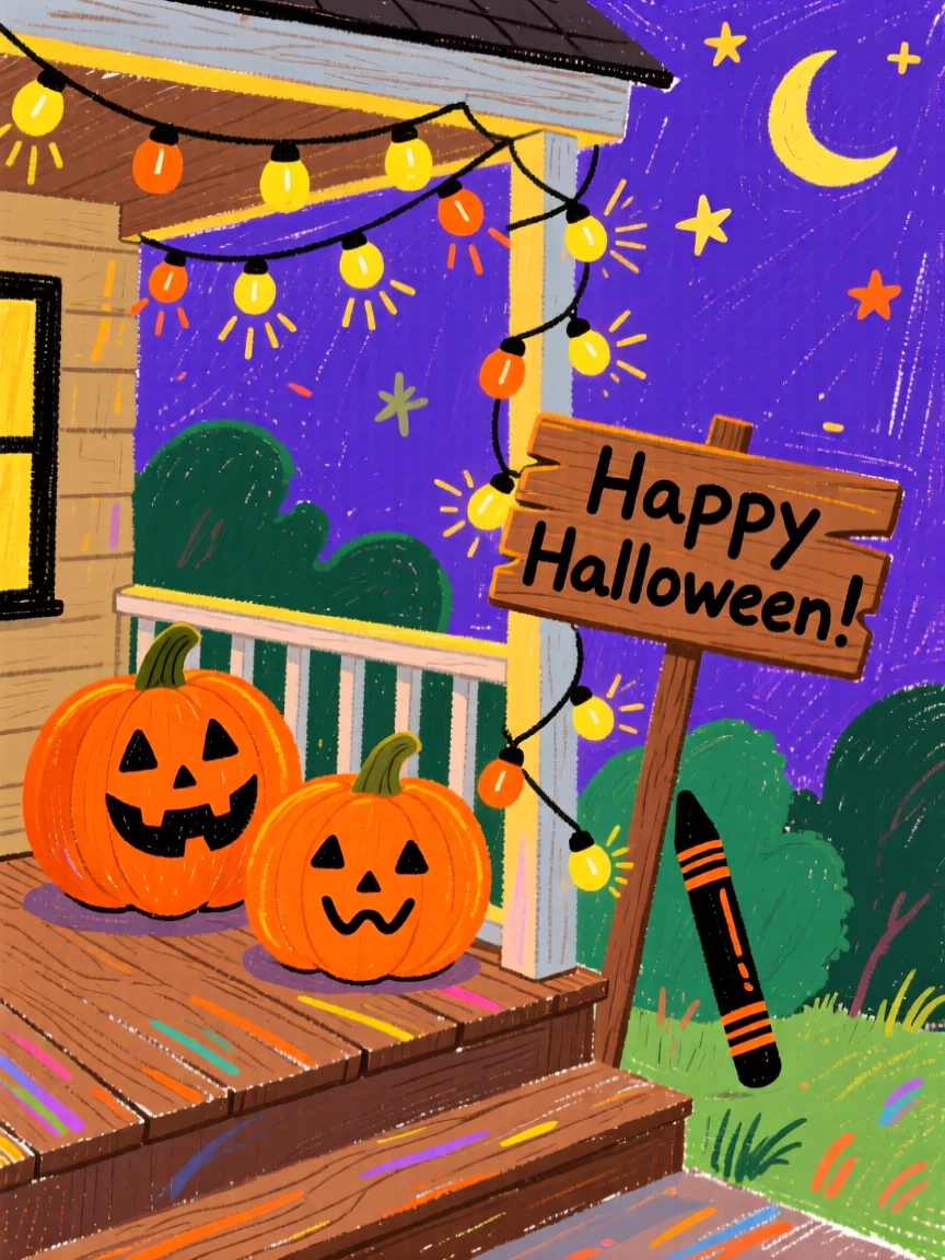A Halloween porch decorated with pumpkins and glowing string lights.