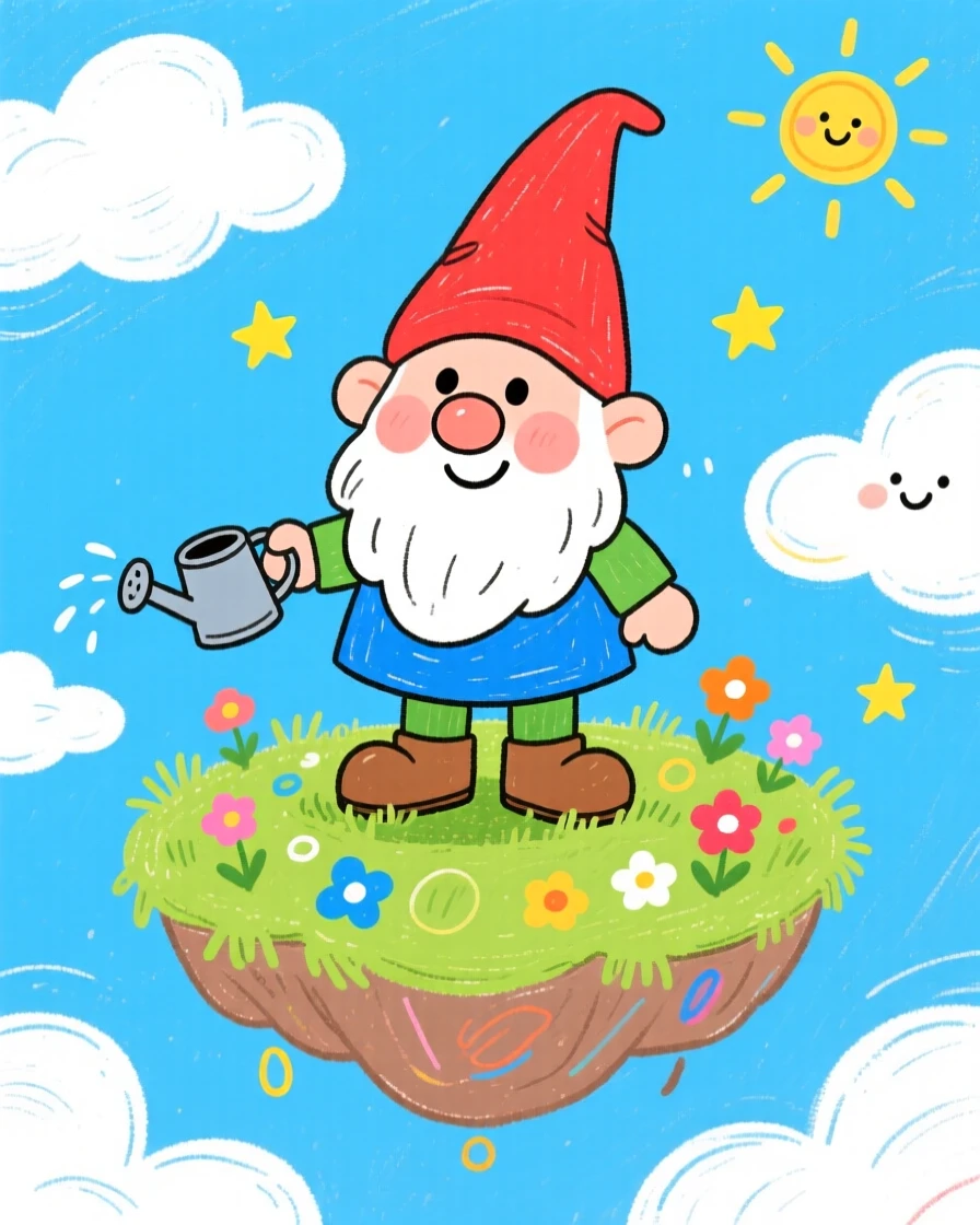 A mischievous garden gnome atop a floating island in the sky.