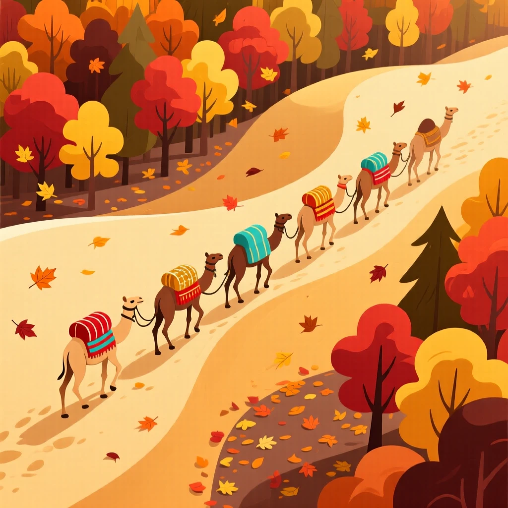 A camel caravan walking across golden sand dunes, nestled inside a cozy autumn forest with falling leaves, shown from above in a charming bird's-eye view, with vivid, richly saturated colors that pop.