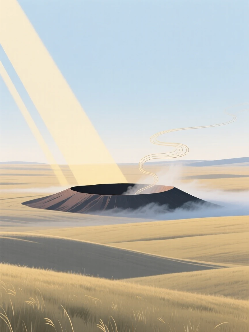Sunlight falling across an open prairie under a wide sky as a volcanic crater moves slowly past curling wisps of mist, evoking gentle stillness.