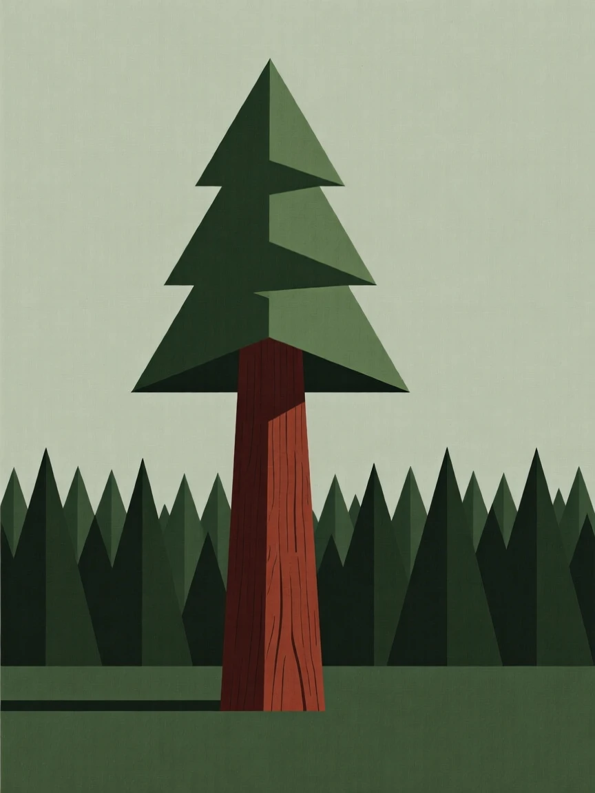 A single sequoia tree towering over a forest floor
