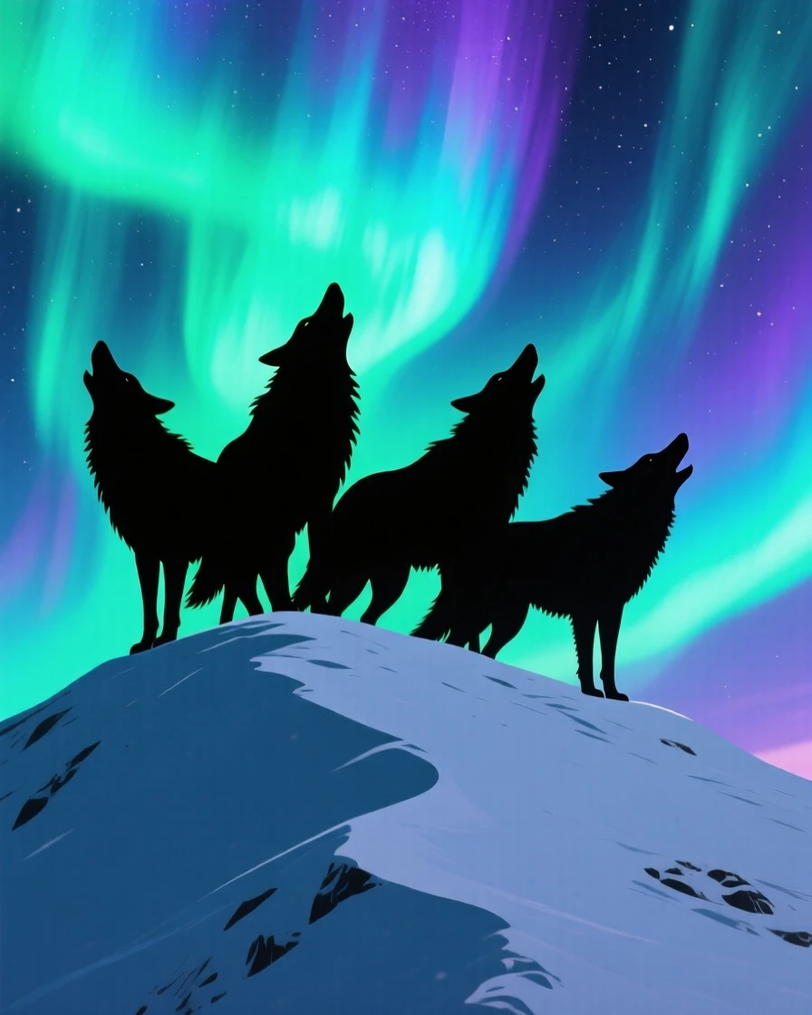 A wolf pack howling together atop a snowy ridge beneath the northern lights.