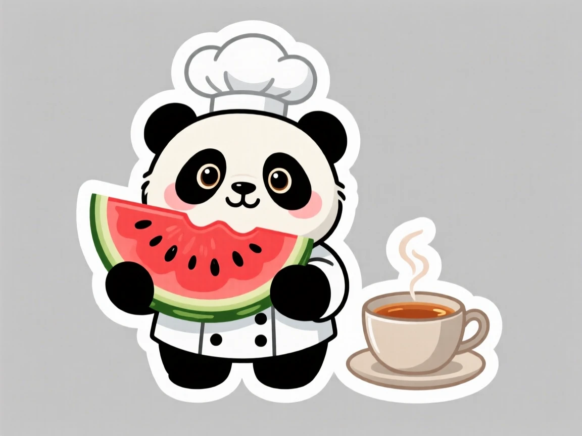 A curious baby panda dressed as a chef holding a slice of watermelon bigger than its head, next to a steaming cup of tea.