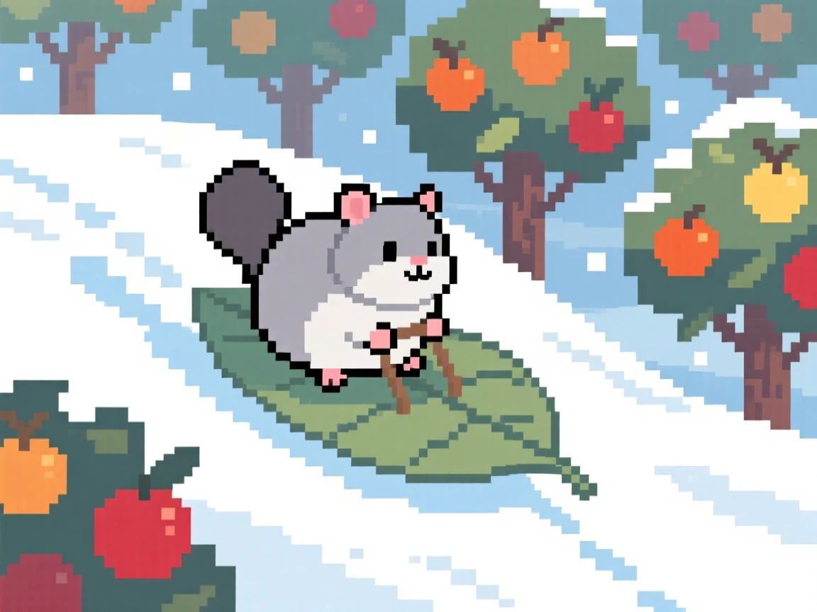 A chubby chinchilla sledding down a snowy hill on a leaf, in an orchard heavy with ripe fruit.