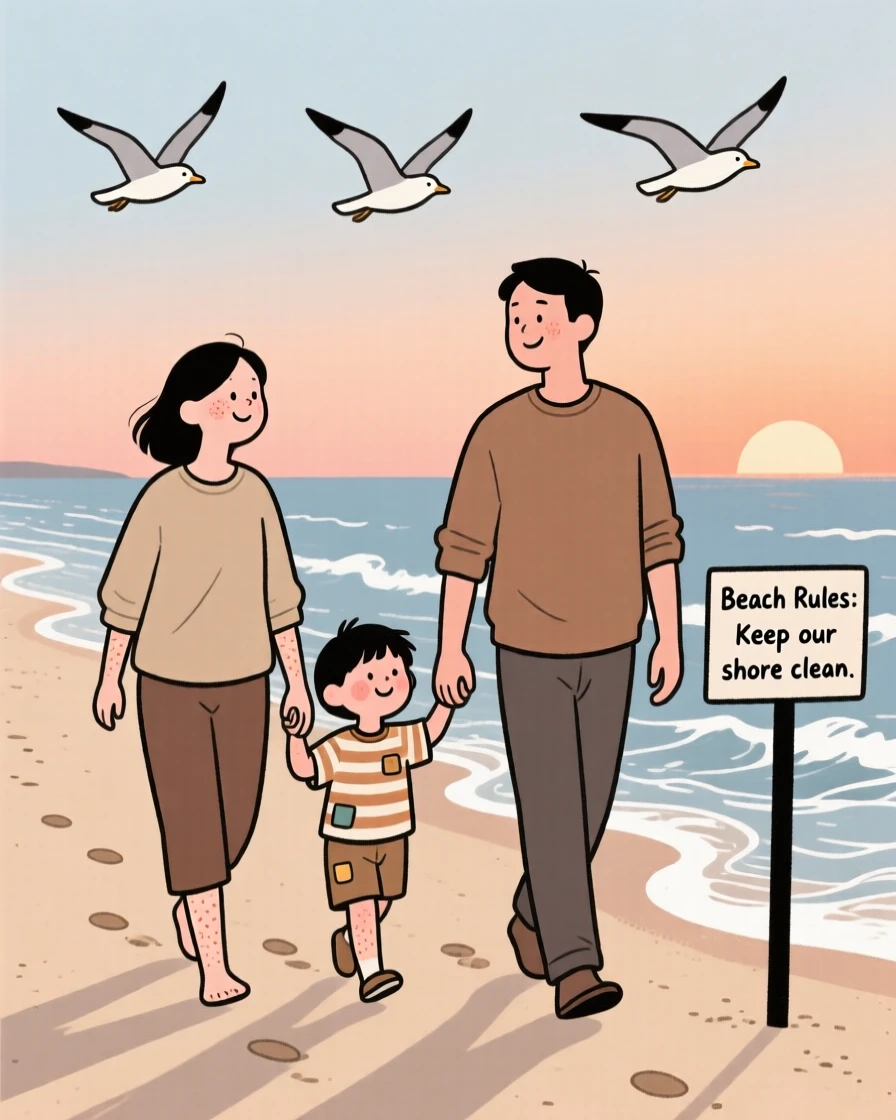 Waves roll gently onto a quiet sandy beach where a family with children walk along the shoreline, watching the sunset together as seagulls glide overhead.