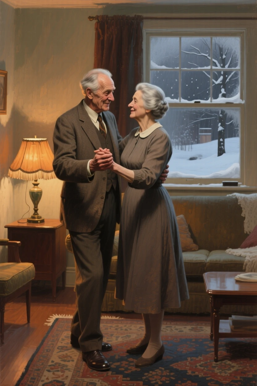 A medium shot of an elderly couple dancing slowly in their living room, in the quiet stillness of midwinter, in the 1950s.